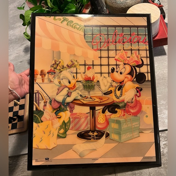 Vtg 80s Disney Minnie Mouse & Daisy Duck Ice Cream Diner laminated Framed Large - Picture 1 of 9